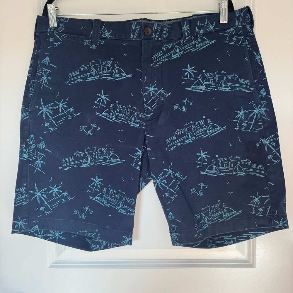 NEW J. Crew Chino Stretch Navy Blue Island Sailboat Print Size 36 Shorts